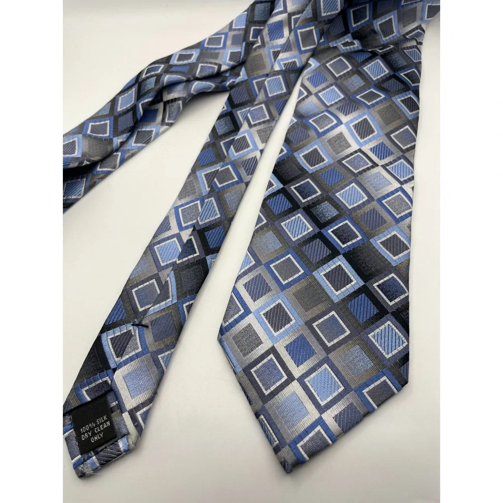 Pronto Uomo Mens Silk Tie Blue Silver Grey Geometric Square Pattern Necktie